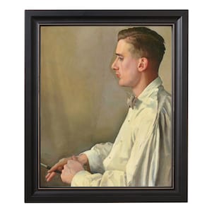 May include: A painting of a man in a white shirt with a bow tie. He is sitting with his right hand resting on his left arm, holding a pen. The background is a muted brown color.