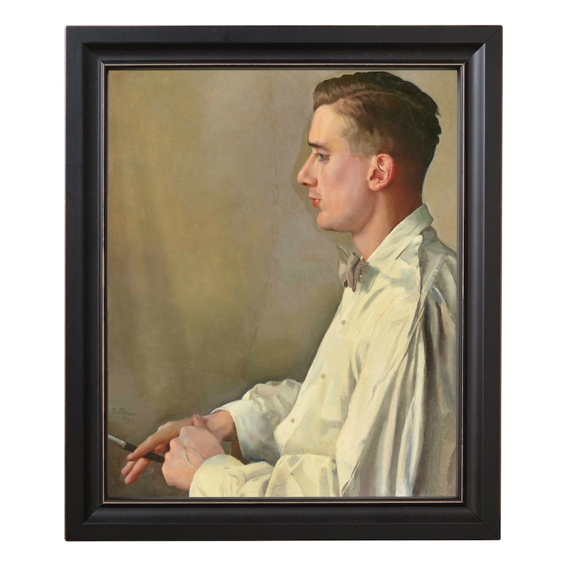 May include: A painting of a man in a white shirt with a bow tie. He is sitting with his right hand resting on his left arm, holding a pen. The background is a muted brown color.