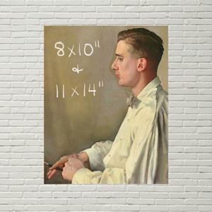 May include: A portrait of a man in a white shirt with a bow tie. The background is a brown wall with the text "8x10" and "11x14" written in white.