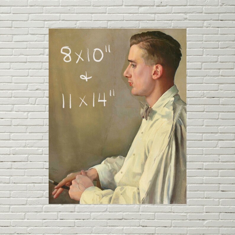 May include: A portrait of a man in a white shirt with a bow tie. The background is a brown wall with the text "8x10" and "11x14" written in white.