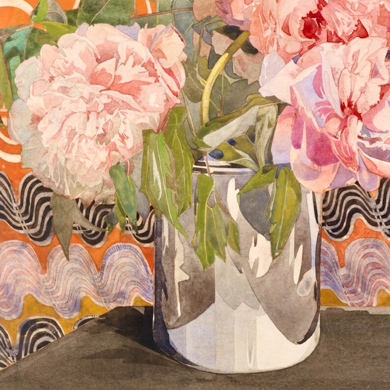 May include: A watercolor painting of pink peonies in a silver vase. The flowers are arranged in a loose, natural style, and the vase is partially obscured by the flowers. The background is a colorful abstract pattern.