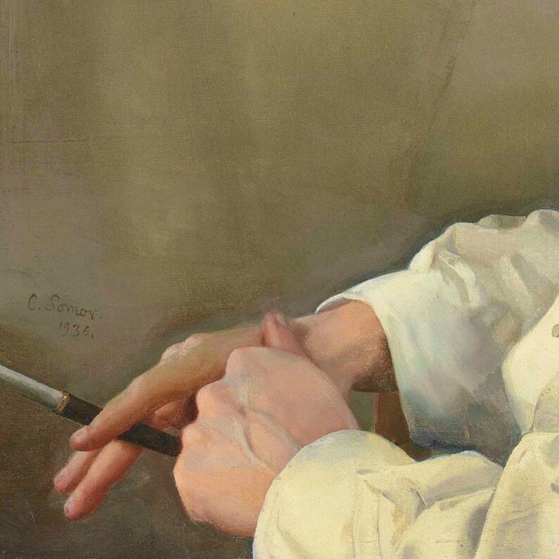 May include: A close-up of a hand holding a pen. The hand is wearing a white shirt. The signature "C. Somov. 1936." is visible in the lower left corner of the image.