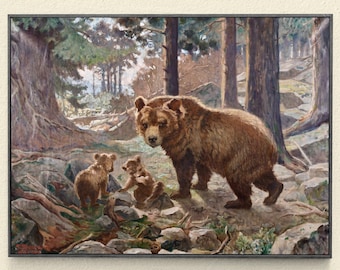 Vintage 1859 Bears Mama Bear & Cubs | Playing by Waterfall