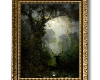 Stag, Dark Moonlit Night Art Print, Pagan Celtic Art, Mysterious Dark Forest Art, 19th Century Painting, Full Moon Painting, Buck Art Print