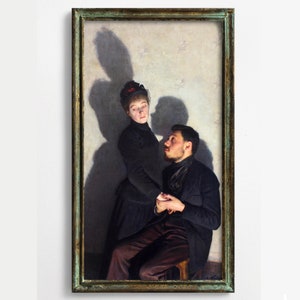 May include: A painting of a couple in a framed portrait. The woman is wearing a black dress and a hat. The man is wearing a dark suit and a tie. They are standing close together and looking at each other.