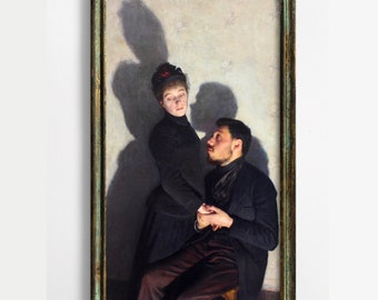 Sombras Proyectadas, Emile Friant, Pintura Victoriana Atmosférica, Amantes Prohibidos, Arte Romántico Antiguo, Lámina Artística de Melancolía Oscura, Arte Dramático