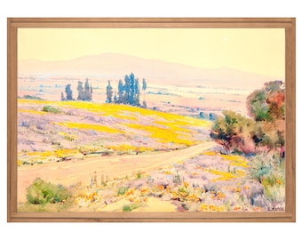 Vintage California Landscape, Wildflowers and Hills, California Poppies, Elmer Wachtel, High Quality Art Print, Pastel Colors, Yellow, Pink