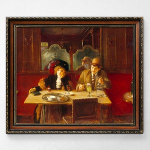 Antique Painting of French Couple in a Cafe, Man Drinking Absinthe, High Quality Art Print, Belle Epoque, Victorian Painting, Jean Beraud