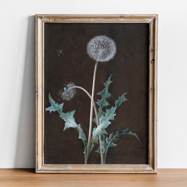 Antique Dandelion Still Life Painting, Dark Unusual Still Life, High Quality Fine Art Print, Floral Still-Life, 18th Century Art, Gothic Art