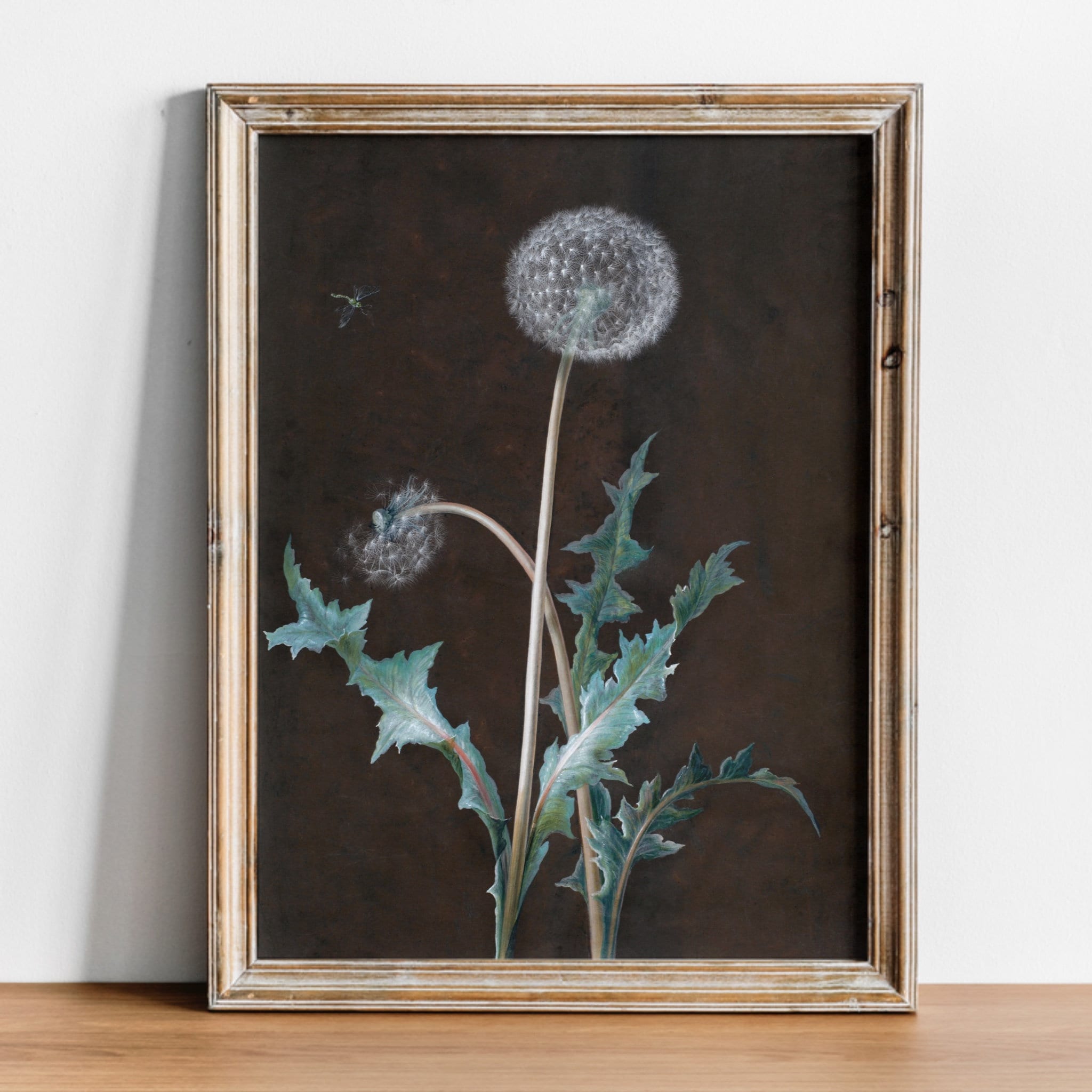 Alone with a dandelion. 小型油絵 抽象画 ハンドメイド Antique Dandelion Still Life Painting, Dark Unusual Still Life
