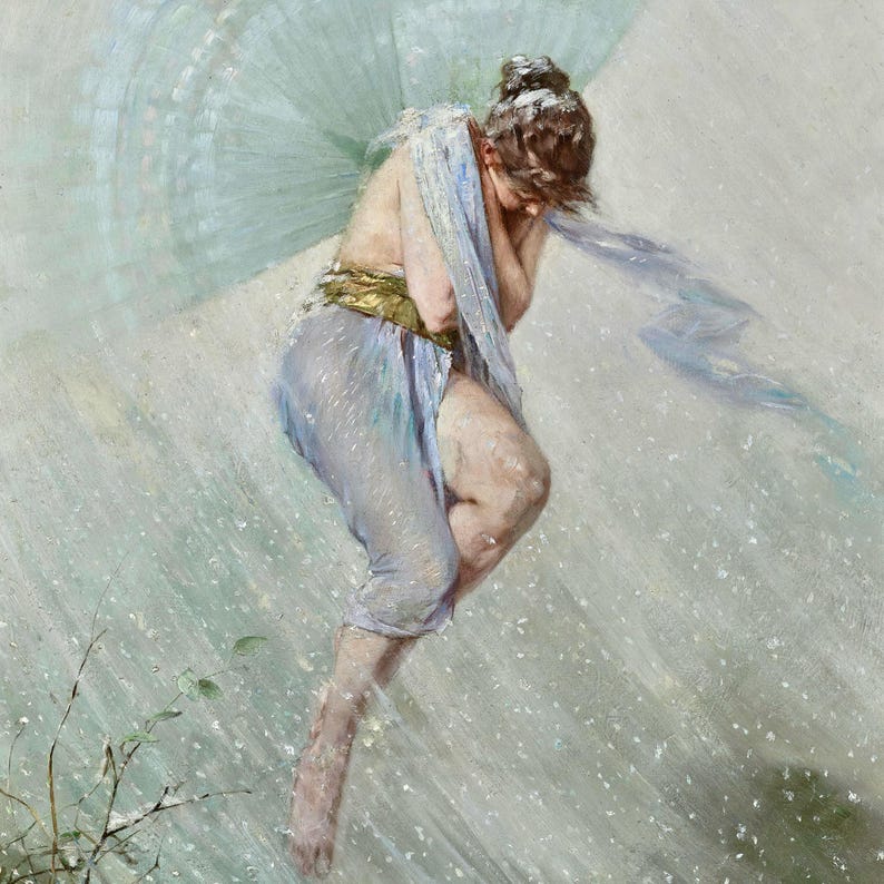 May include: An artistic painting depicts a figure in flowing blue fabric, possibly a dress or draped cloth, amidst a snowy or rainy scene. The figure is partially obscured, with a light blue umbrella-like shape above. The artwork has a classical, ethereal quality.