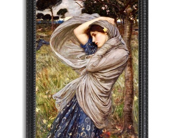 May include: A painting of a woman in a flowing white dress with a blue underdress, standing in a field with a tree behind her. The wind is blowing her hair and dress, and she is looking down.