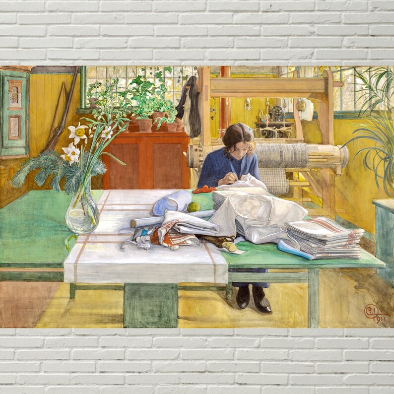 May include: A watercolor painting of a woman sitting at a table sewing. The table is covered with a white tablecloth and there are several rolls of fabric and other sewing supplies on the table. The woman is wearing a blue dress and has her hair pulled back. There is a loom in the background.