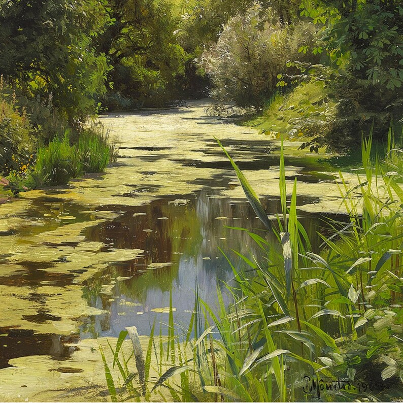 May include: A painting of a lush green forest with a winding river in the foreground. The river is covered in green algae and the water is a deep blue. The trees are tall and thick, and the sunlight is dappled through the leaves.