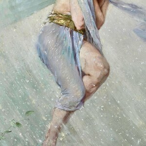 May include: An artistic painting of a figure in motion, draped in flowing, light blue fabric. The figure's midsection is adorned with a gold-colored band. The background is a blend of white and light blue, creating a dreamy atmosphere.
