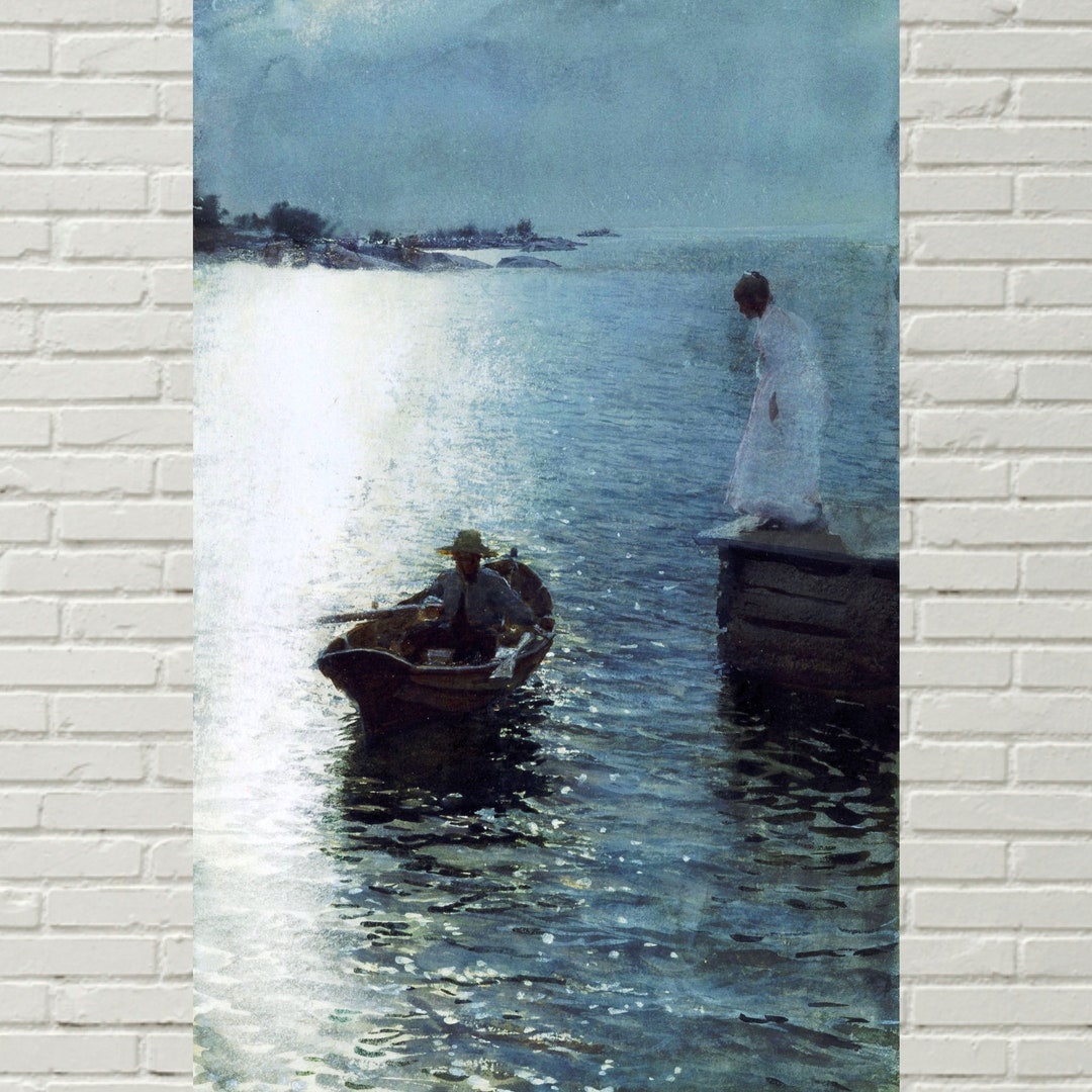 Evening Twilight Boat on Water, Peaceful Romantic Painting, Anders