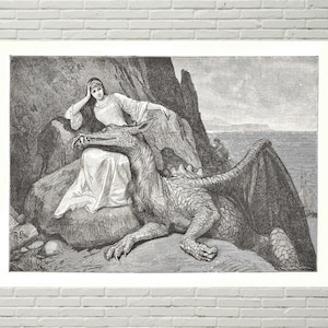May include: Black and white illustration of a woman seated on a rock, resting her arm on a dragon. The dragon has large wings and is lying down. The background shows a seascape.