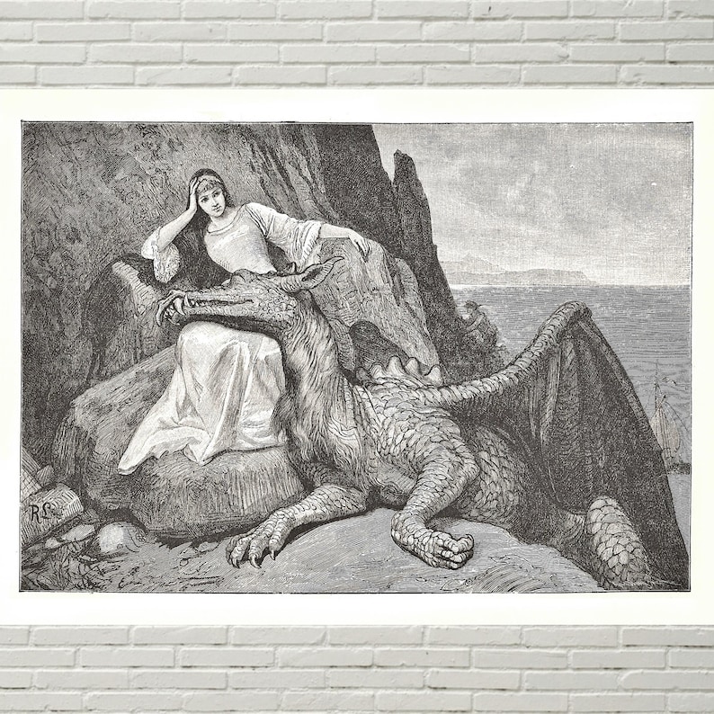 May include: Black and white illustration of a woman seated on a rock, resting her arm on a dragon. The dragon has large wings and is lying down. The background shows a seascape.