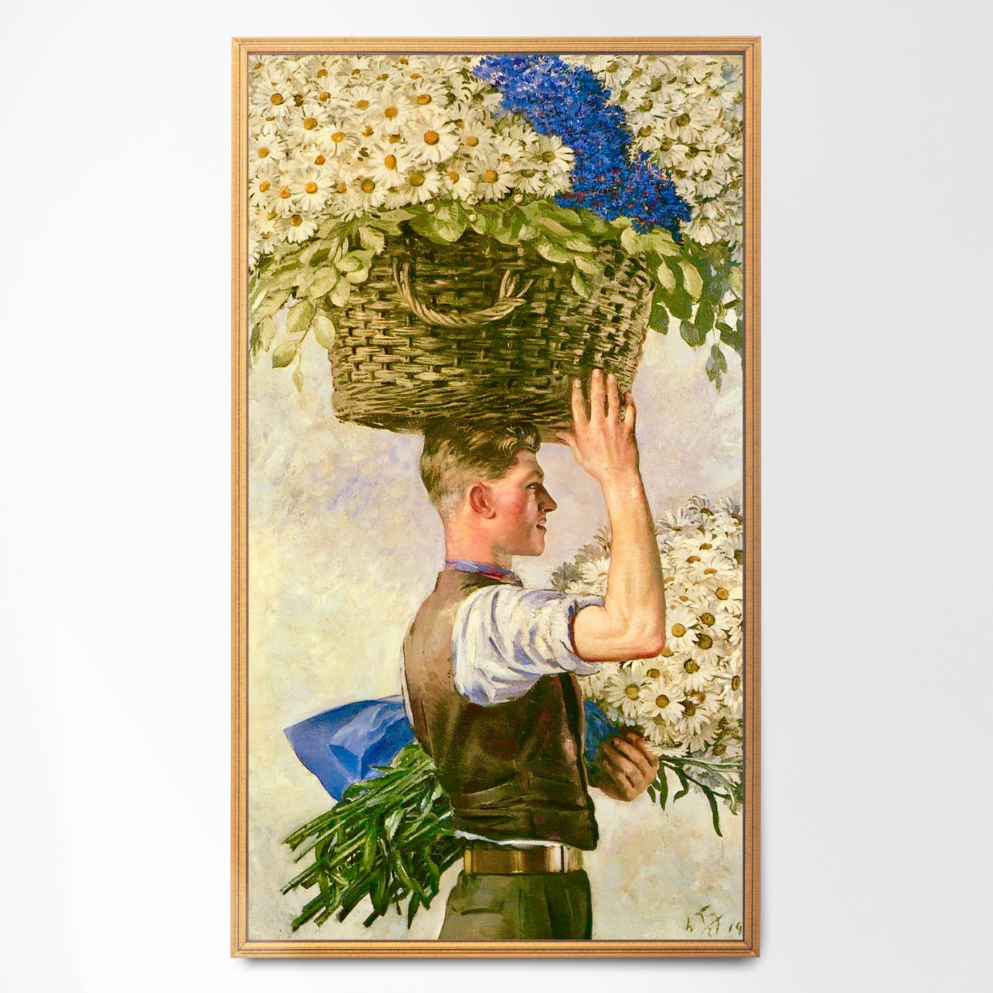 Young Man Carrying Daisies, 1930's Painting Art Print, William Bruce Ellis Ranken, Vintage Young Man with Blue and White Flowers