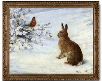 May include: A brown rabbit sits in a snowy landscape, looking up at a red robin perched on a snow-covered branch.