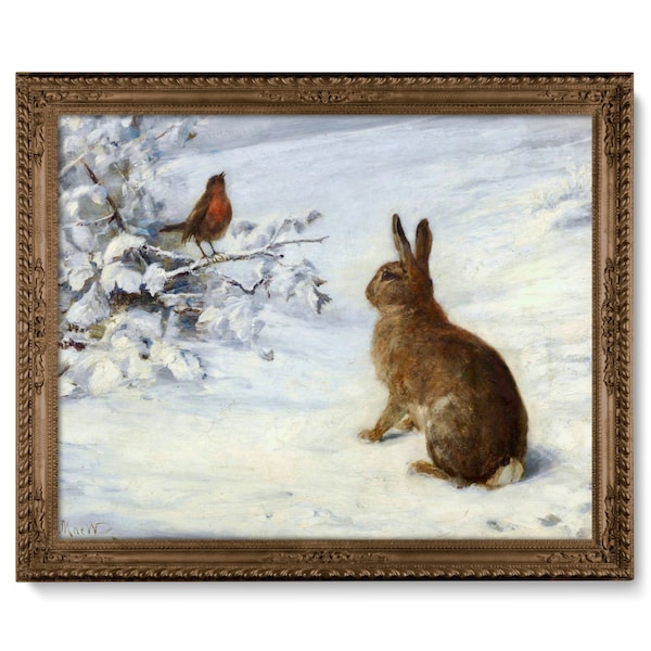 Winter Song, Robin and Wild Rabbit in Snow, High Quality Art Print, Winter Landscape, Cute Vintage Animal Painting, Antique Bunny Art