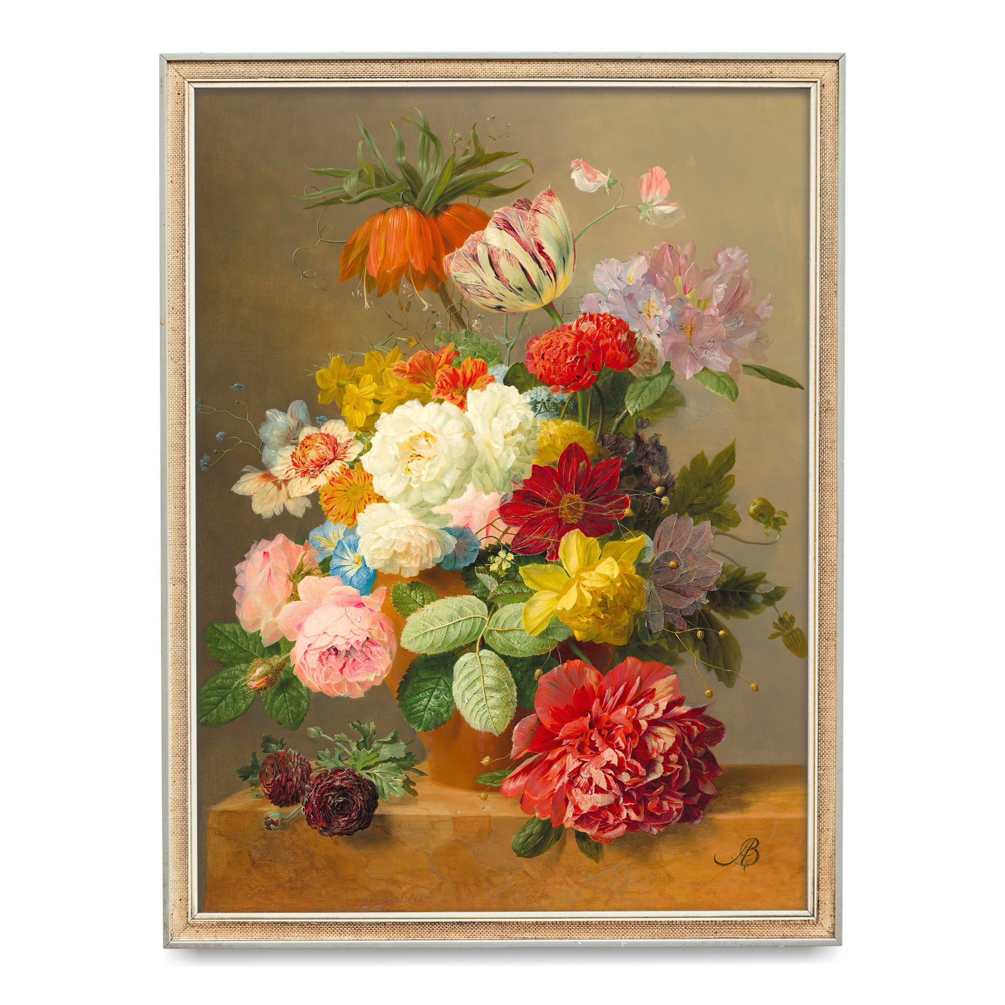 Dutch Floral Still Life With Roses, Peonies, Spring Bulbs, Vibrant ...