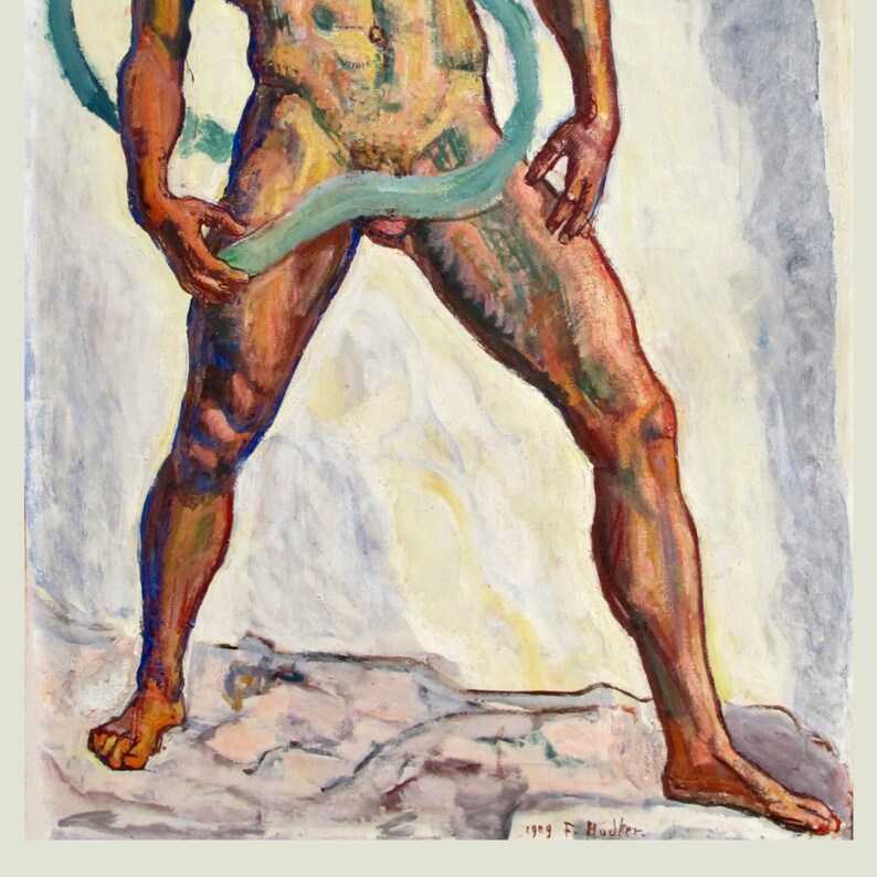 Puede incluir: Una pintura de una figura desnuda con una cinta azul y verde envuelta alrededor de su cuerpo. La figura est&aacute; de pie sobre una superficie marr&oacute;n claro. La pintura est&aacute; firmada "1909 F. Roubier".