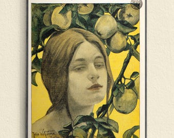 Woman with Apples, Vintage Jugend Magazine Cover Art, Art Nouveau Illustration, 19th Century, Fruit Illustration, Lemon Yellow Wall Art