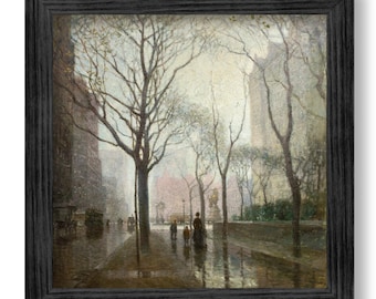 May include: A painting of a city street scene with trees lining the sidewalk. The street is wet from rain and there are people walking in the distance. The buildings in the background are tall and have a hazy, atmospheric quality.