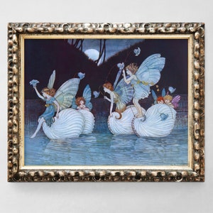 Vintage Antique Fairy Art, Fairies on Shell Boats at Night, Reproduction Victorian Fairy Illustration, Ida Rentoul Outhwaite, Fine Art Print