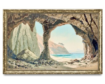 May include: A watercolor painting depicting a view of a beach through a cave opening. The cave is made of brown rock and the beach is white sand with blue water. The sky is a light blue with white clouds.