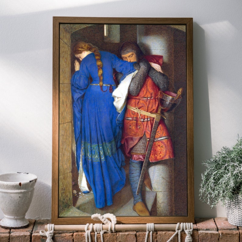 Romantic Medieval Art, The Meeting on the Turret Stairs, Sir Frederic William Burton, Castle Art, Pre-Raphaelite, Knight, Medieval Decor image 1