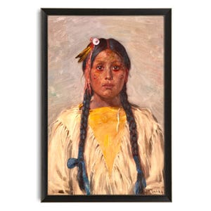 May include: A painting of a young Native American woman with long black braids, wearing a white fringed garment and a yellow blouse. She has a beaded headband with a white feather and a red feather. The background is a soft, muted gray.