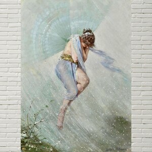 May include: An antique painting depicts a woman in flowing blue garments, possibly a fairy, amidst a snowy or rainy scene. She is holding a large, fan-shaped object above her head. The artwork has a soft, ethereal quality, with muted colors and delicate brushstrokes.