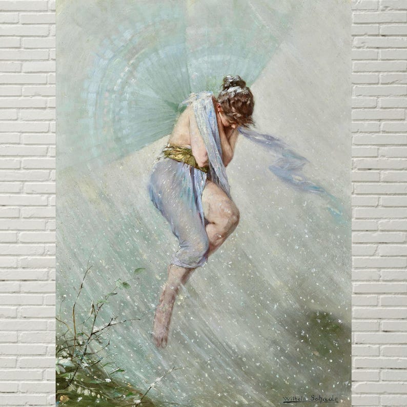May include: An antique painting depicts a woman in flowing blue garments, possibly a fairy, amidst a snowy or rainy scene. She is holding a large, fan-shaped object above her head. The artwork has a soft, ethereal quality, with muted colors and delicate brushstrokes.