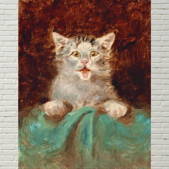 Petit chat idiot, peinture ancienne, Un Petit Chat, Henri de