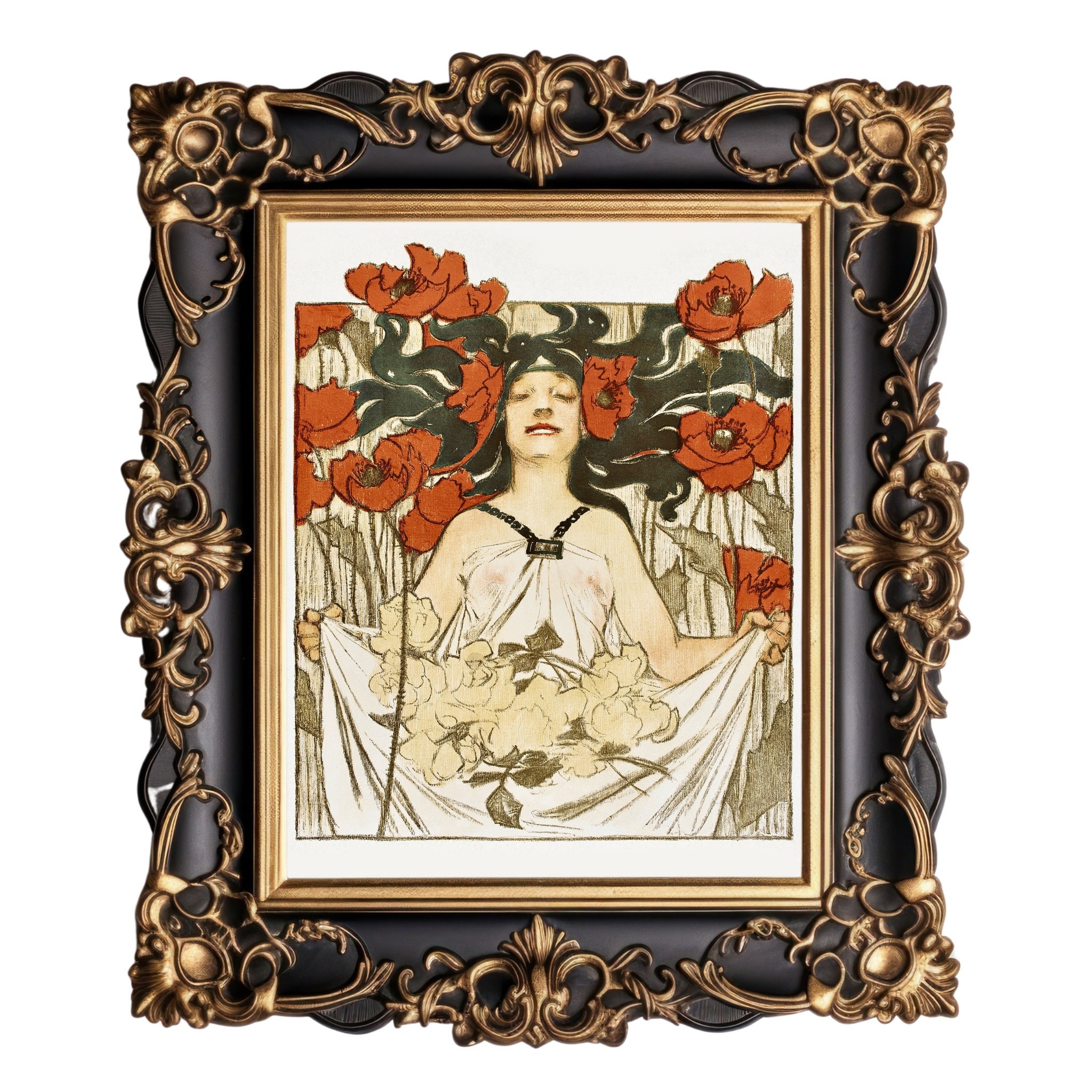 Smiling Woman With Red Poppies, Art Nouveau Illustration Magazine