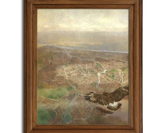 Vintage Bird's Eye View Unique Landscape, Flying Hawk, Antique Painting, Carl Moll, High Quality Art Print, Earthtones Art, Unusual Art