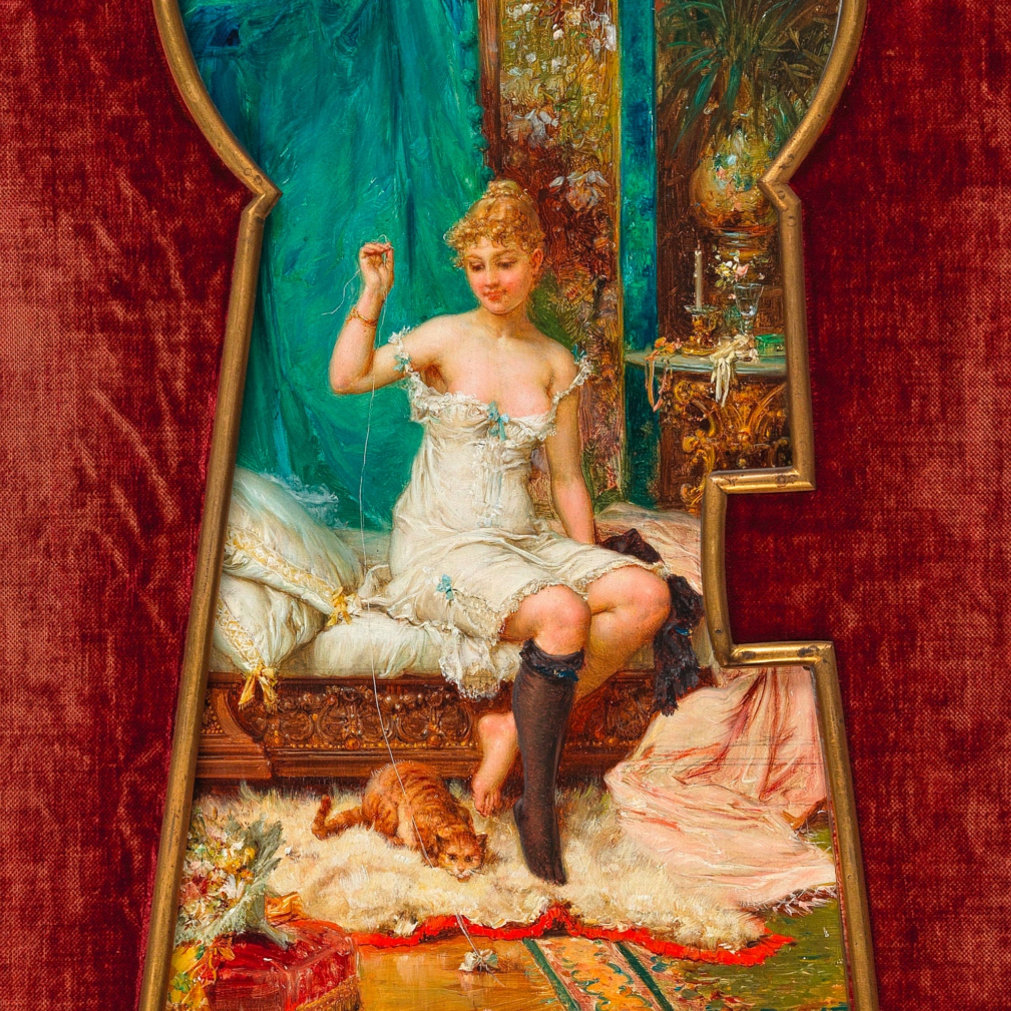Erotic Victorian Keyhole Art, Woman Playing With and Orange Tabby