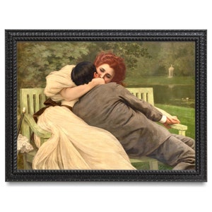 The Kiss, Cute Victorian Couple Kissing Art Print, Lovers Kissing Antique Painting, Jan Van Beers, Romantic Art, Man and Woman Kissing