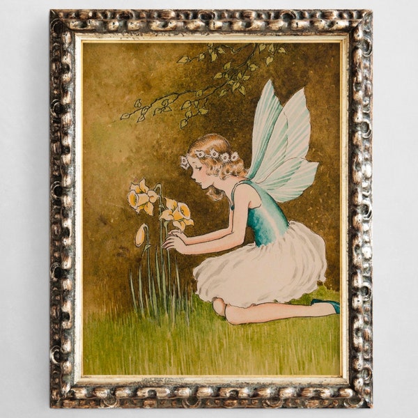 Vintage Fairy with Daffodil, Fairy with Yellow Flowers Art, Reproduction Fairy Illustration, Ida Rentoul Outhwaite, Fairy Illustration