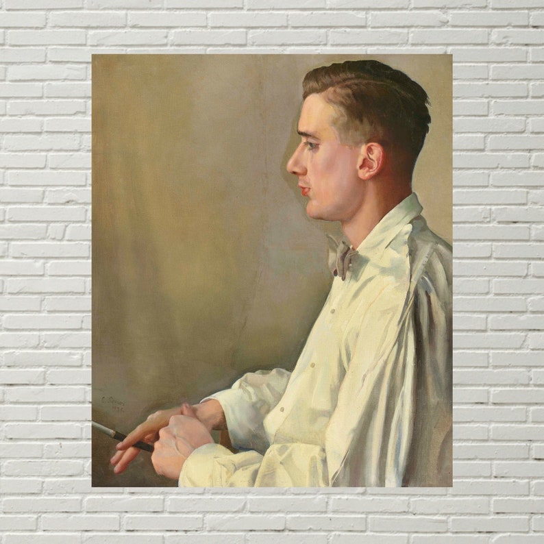 May include: A painting of a man in a white shirt with a bow tie. He is sitting with his hands clasped in his lap and looking to the side. The background is a light brown color.