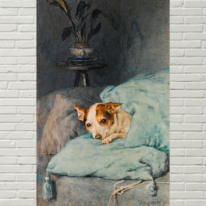 May include: A white and brown dog with brown ears peeks out from under a light blue blanket. The dog is lying on a bed with a gray pillow. The dog's eyes are closed and it looks like it is sleeping.