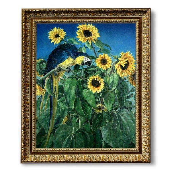 Macaw and Sunflowers, Vintage Painting, Fine Art Print, 1920s 1930s, William Bruce Ellis Rankin, Parrot Painting, Blue, Yellow, Green Art