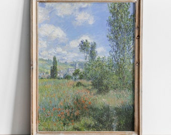 View of Vetheuil, Claude Monet, High Quality Art Print, Monet Field with Flowers, Monet Landscape with Trees, Impressionist Field Painting