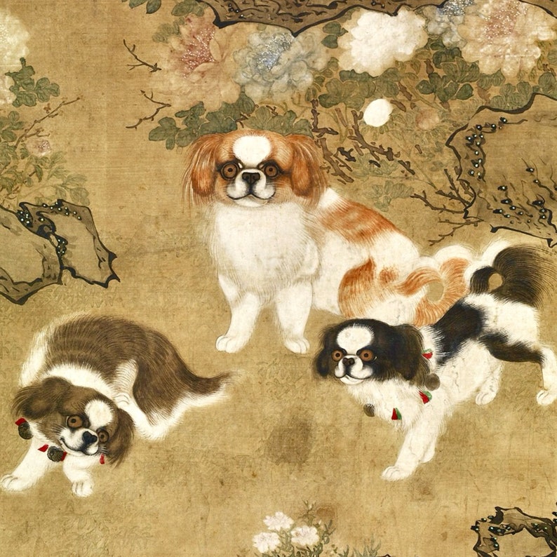 Puede incluir: Una pintura de tres perros peque&ntilde;os con pelaje blanco, marr&oacute;n y negro. Los perros se representan en una pose juguetona sobre un fondo de delicadas flores y follaje.