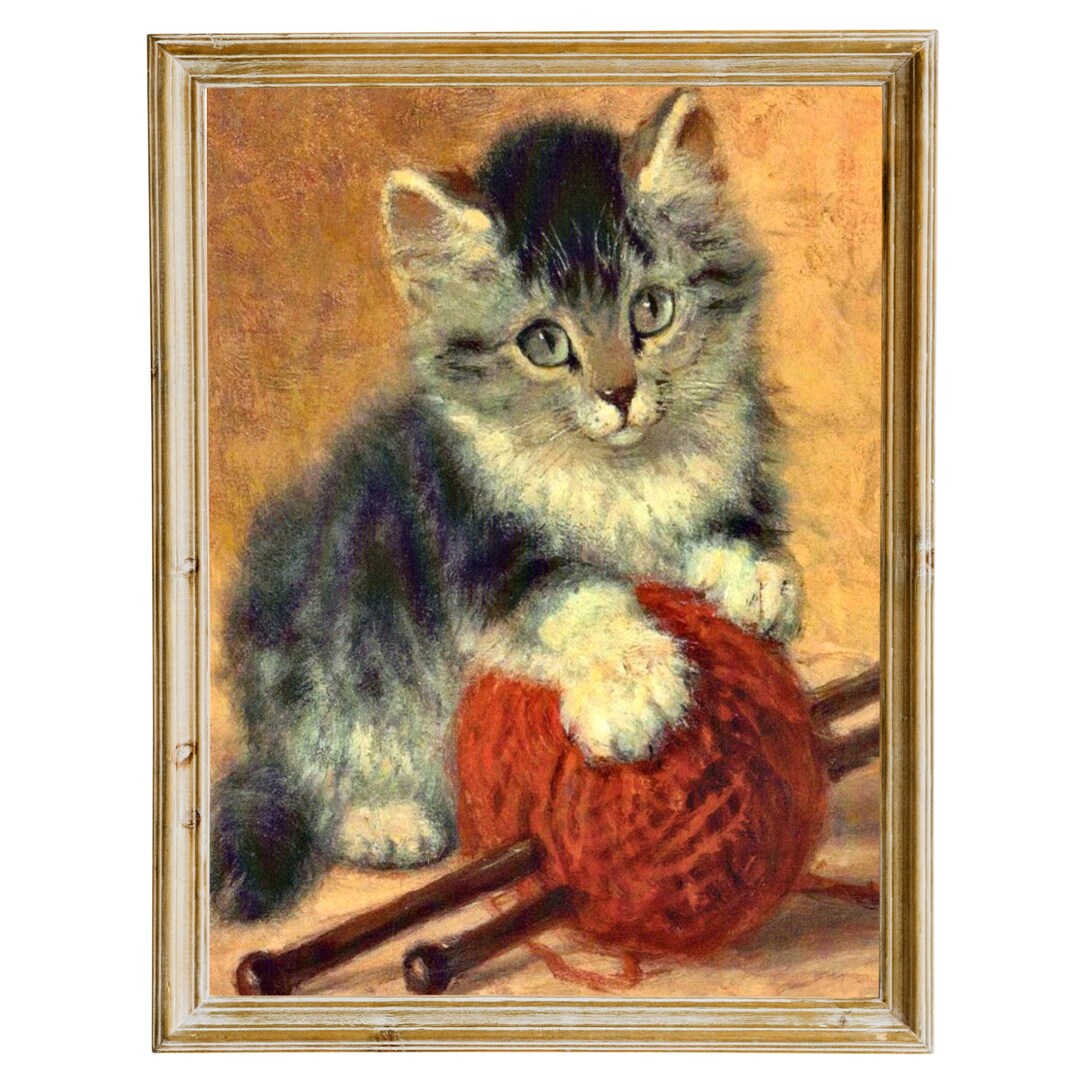 Kitten With Ball of Yarn, 5x7 Little Victorian Cat Art, Henriette ...