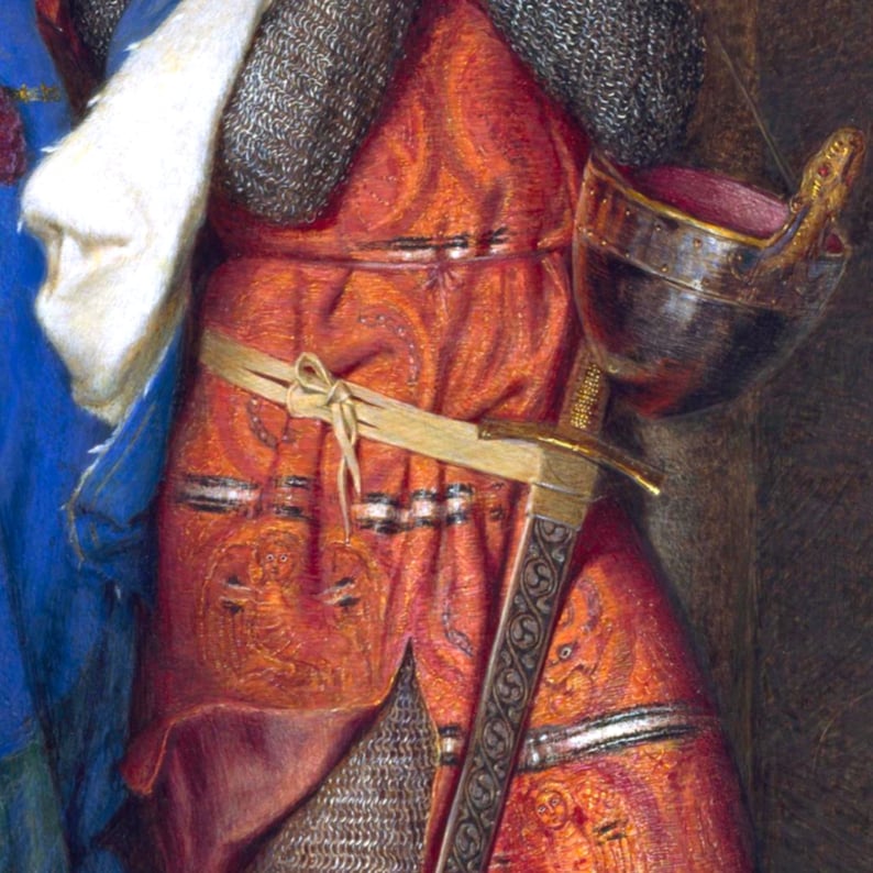 May include: A close-up of a knight's attire, featuring a red tunic with intricate gold embroidery. A sword is strapped to the knight's side, and a helmet is held in the right hand.
