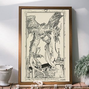 Reproduction Antique Fairytale Artwork, Dragon and Queen, Castle, Henry Justice Ford, Fine Art Print, Victorian Black and White Illustration