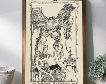 Reproduction Antique Fairytale Artwork, Dragon and Queen, Castle, Henry Justice Ford, Fine Art Print, Victorian Black and White Illustration